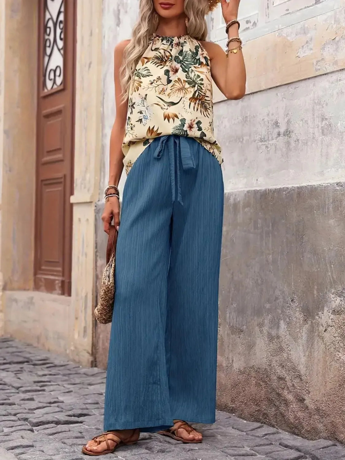 Women's Printed Tank Top and Wide Leg Pants Set Outfit