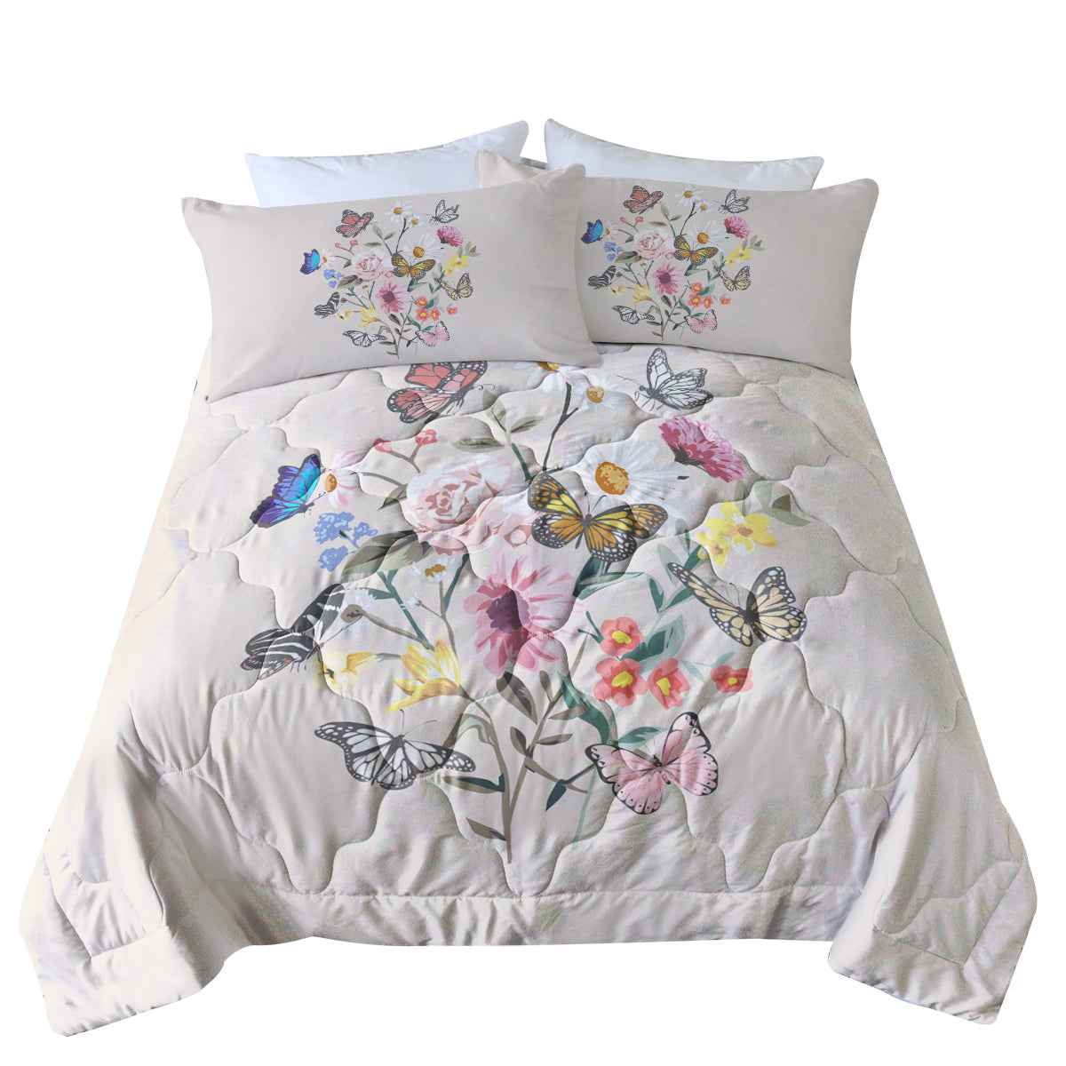 Khaki Twin Size Butterfly & Flowers Ultrasoft Comforter Set - 3 piece set