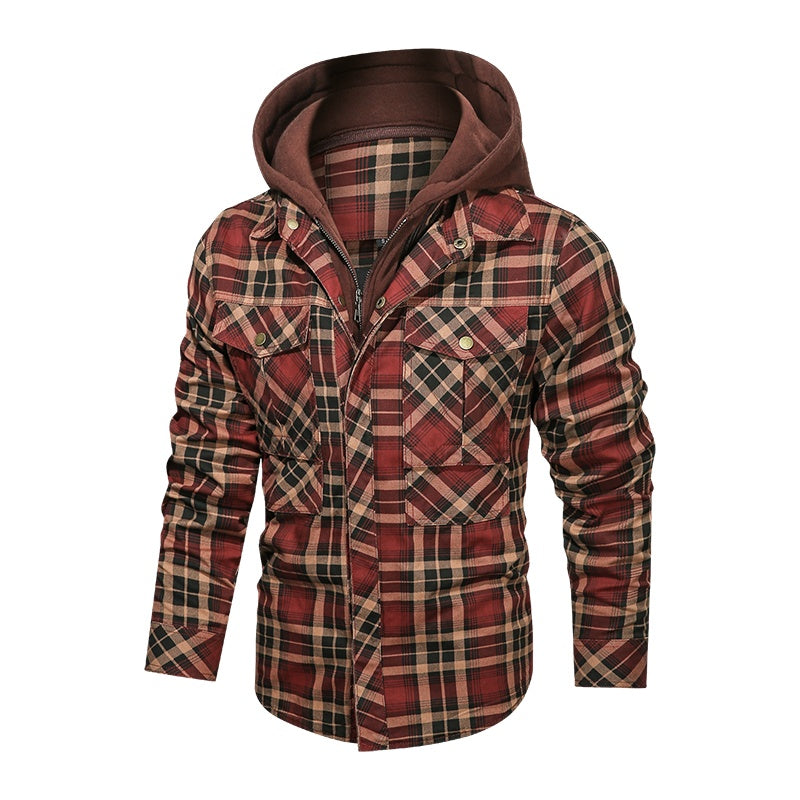 Men's Plaid Fleece Lined Detachable Hood Jacket