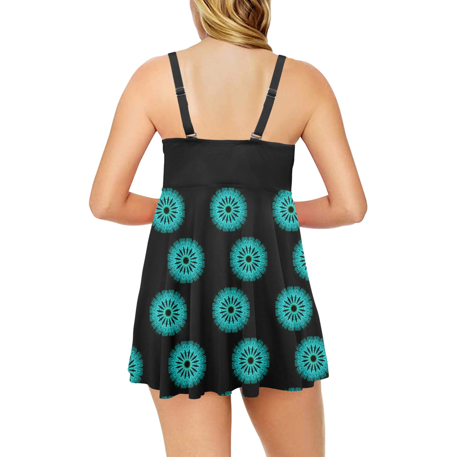 Green Spirals on Black Chest Pleat Swim Dress up to 5XL