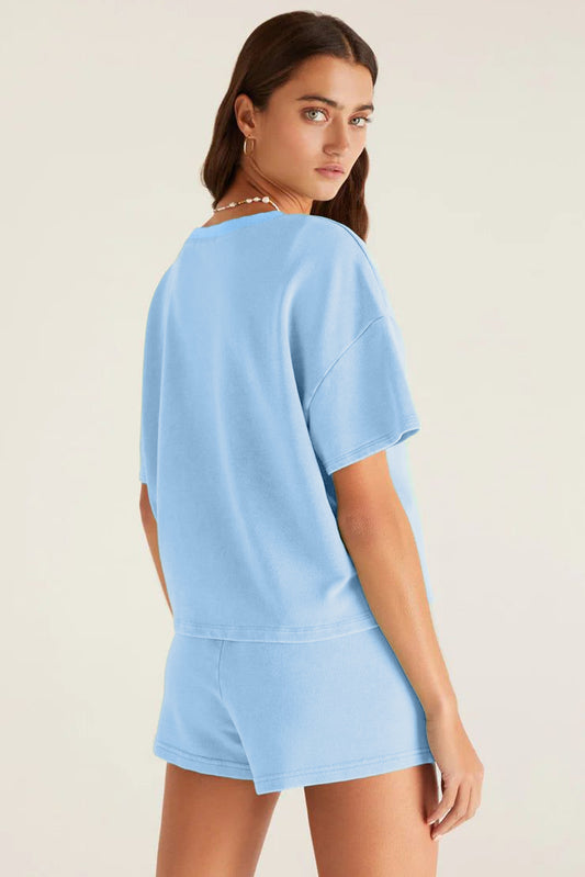 Light Blue V-neck Drop Shoulder T-shirt and Shorts Outfit Set