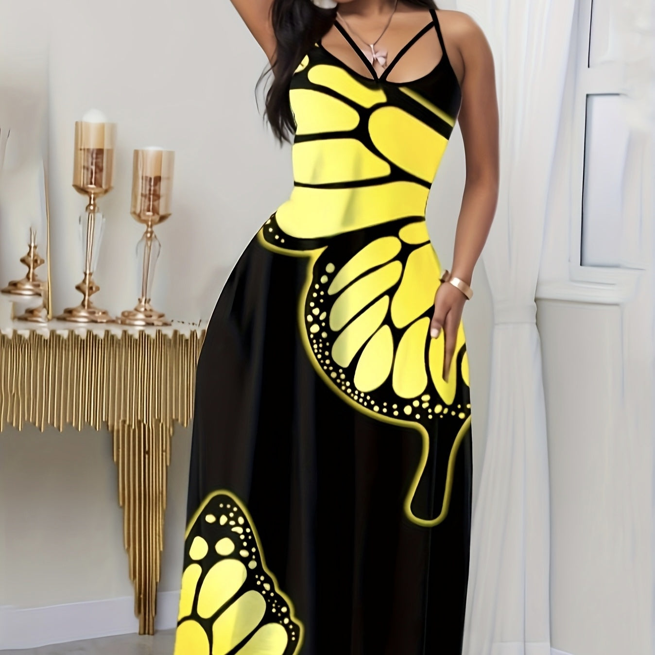 Ladies' V-neck Fashionable Butterfly Print Black Maxi Dress