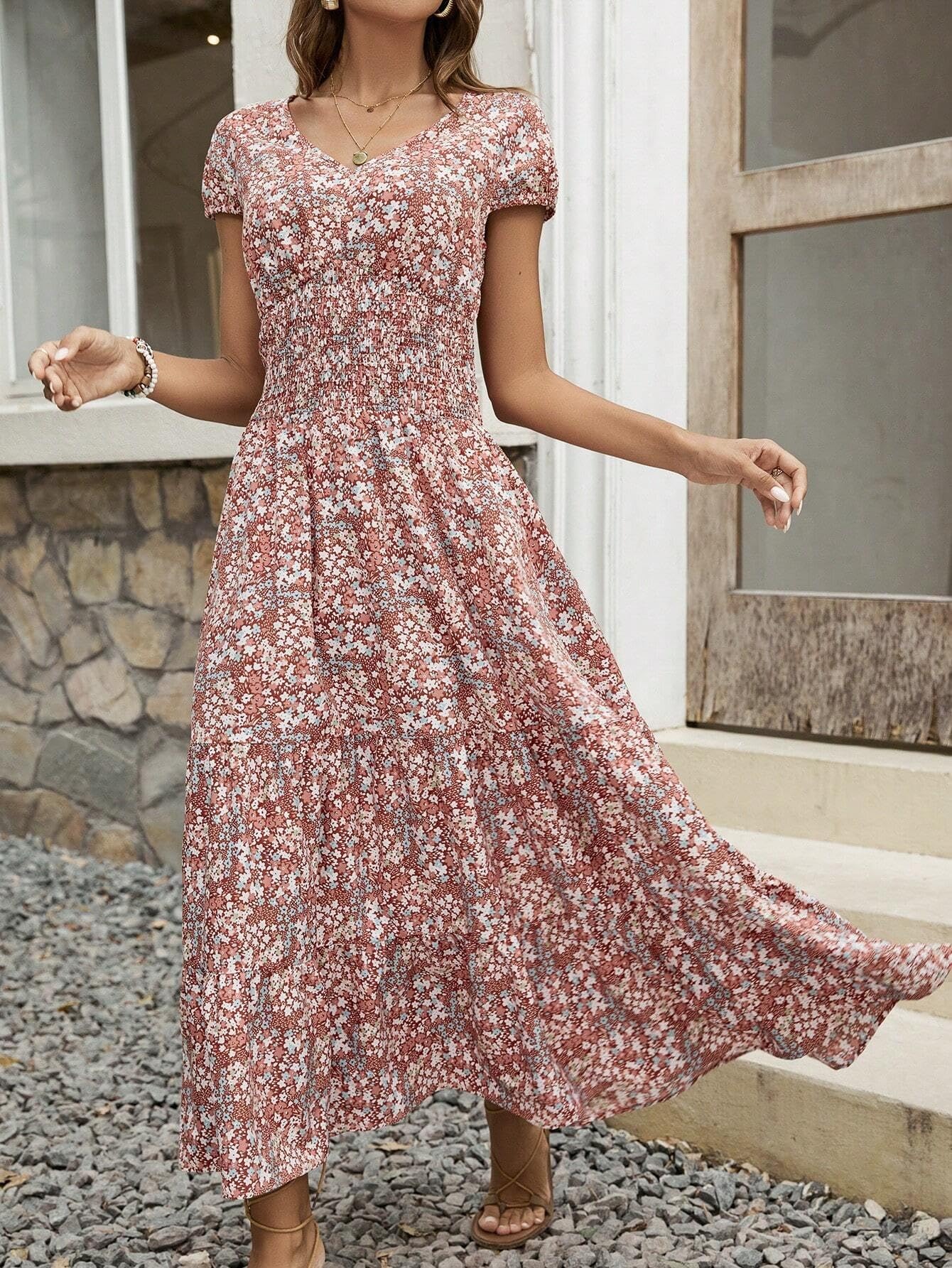 Dusty Pink Floral Boho Chic V-neck Midi Dress For Women