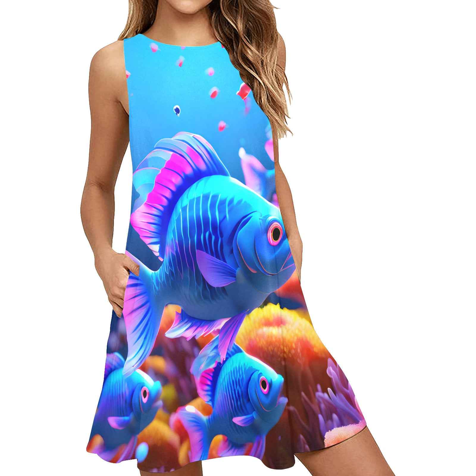 Blue Fish Sleeveless A-Line Pocket Dress (Model D57)