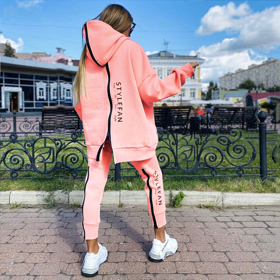 Long Hoodie Sweatsuit Jogger Pantsuit - Comfortable Outfit