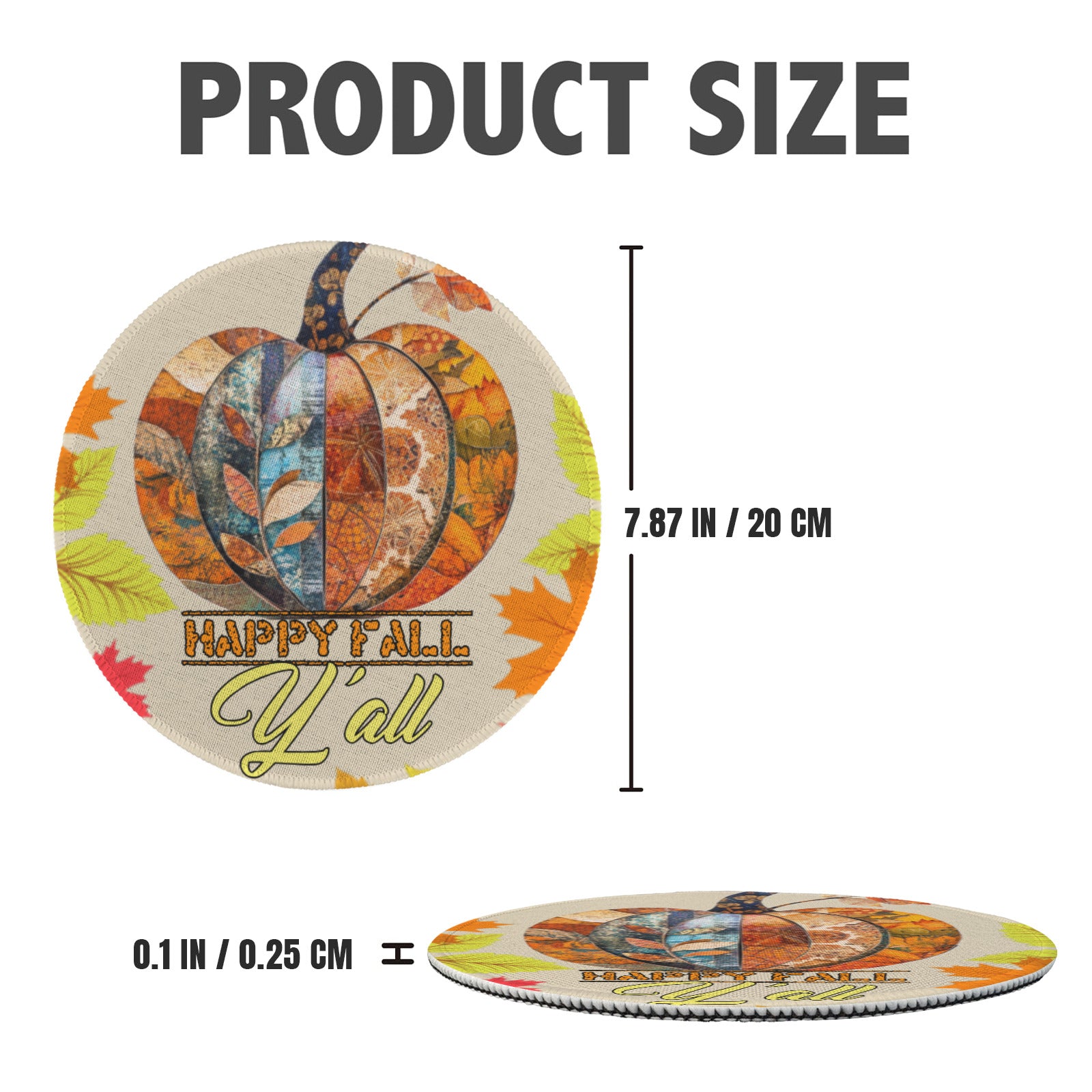 Round place with pumpkin design and 'Happy Fall Y'all' text, shown with measurements on a white background.