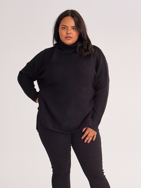 Women's Black Side Split Turtleneck Sweater