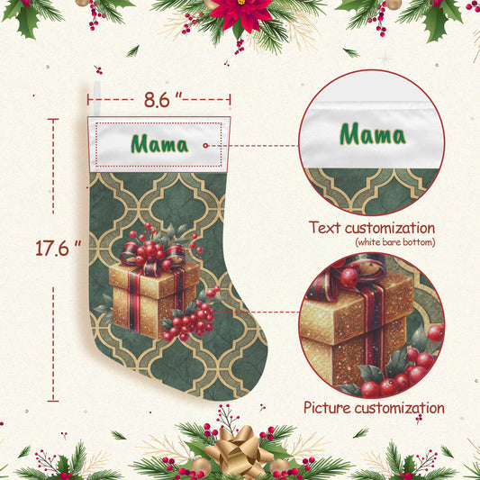 Personalizable Golden Presents on Green Christmas Stocking (Made in USA)