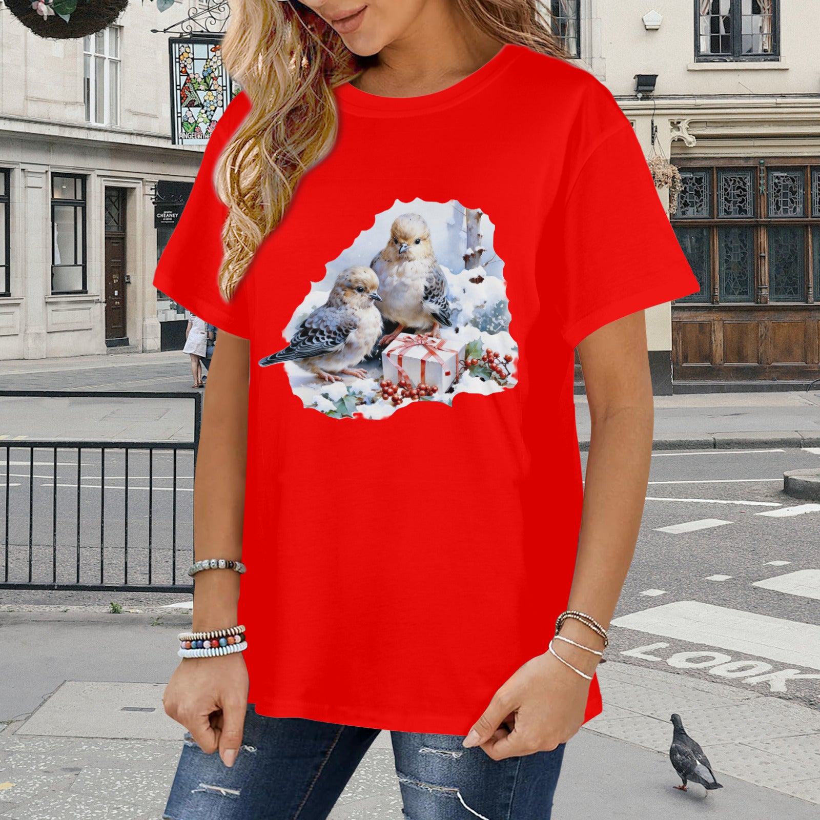 Women's Winter Birds with Christmas Gift Graphic T-Shirt (Made in USA)