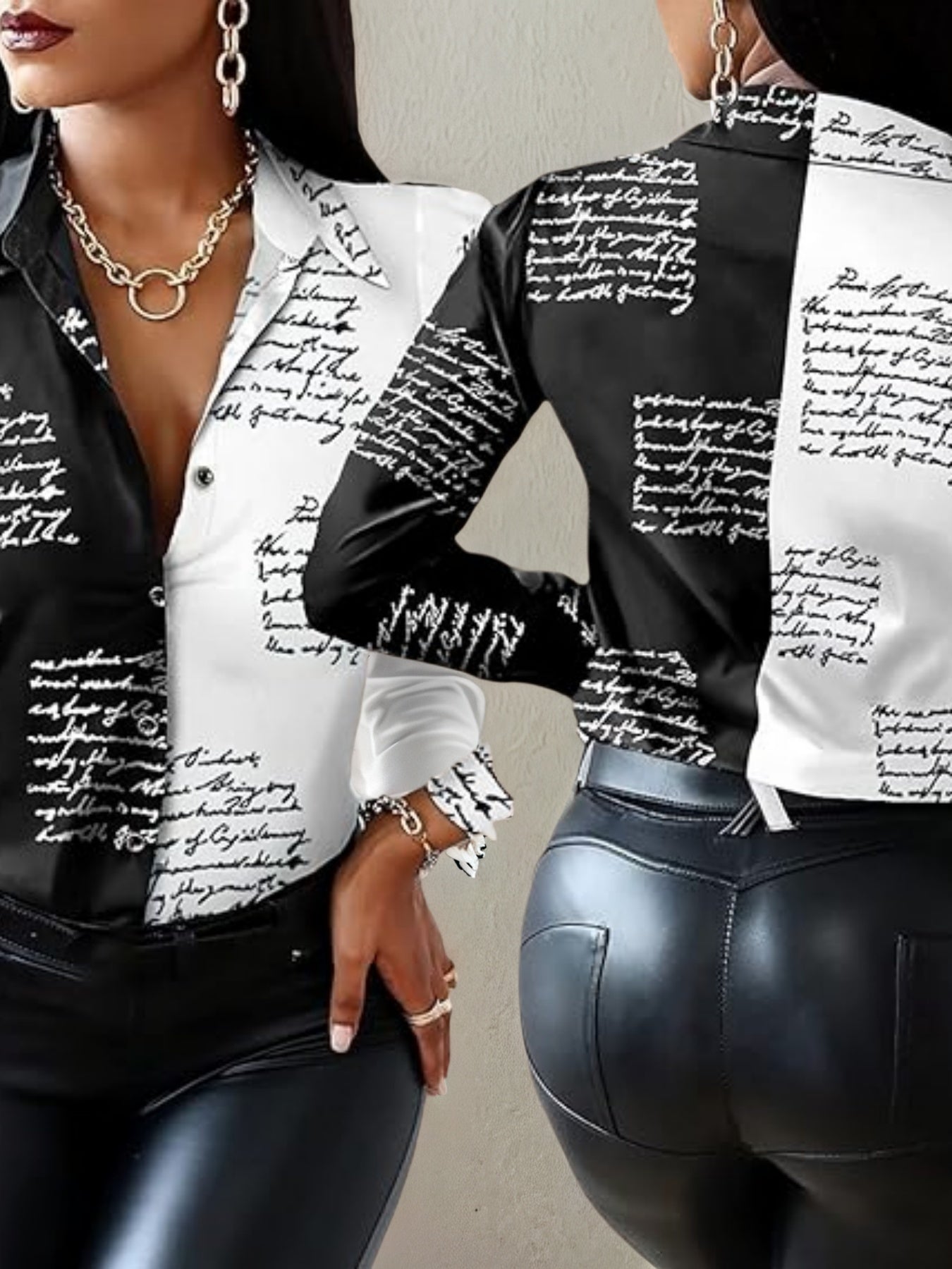 Women’s Black & White Cursive Text Casual Long Sleeve Button Front Blouse