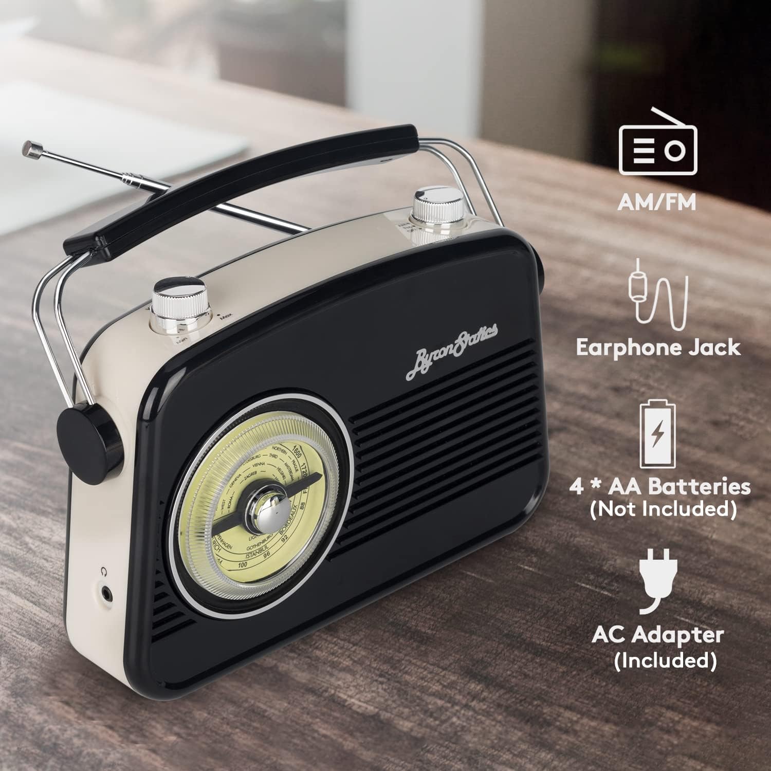 Small Portable Retro Black AM/FM Radio Bluetooth Speaker with Large Tuning Dial