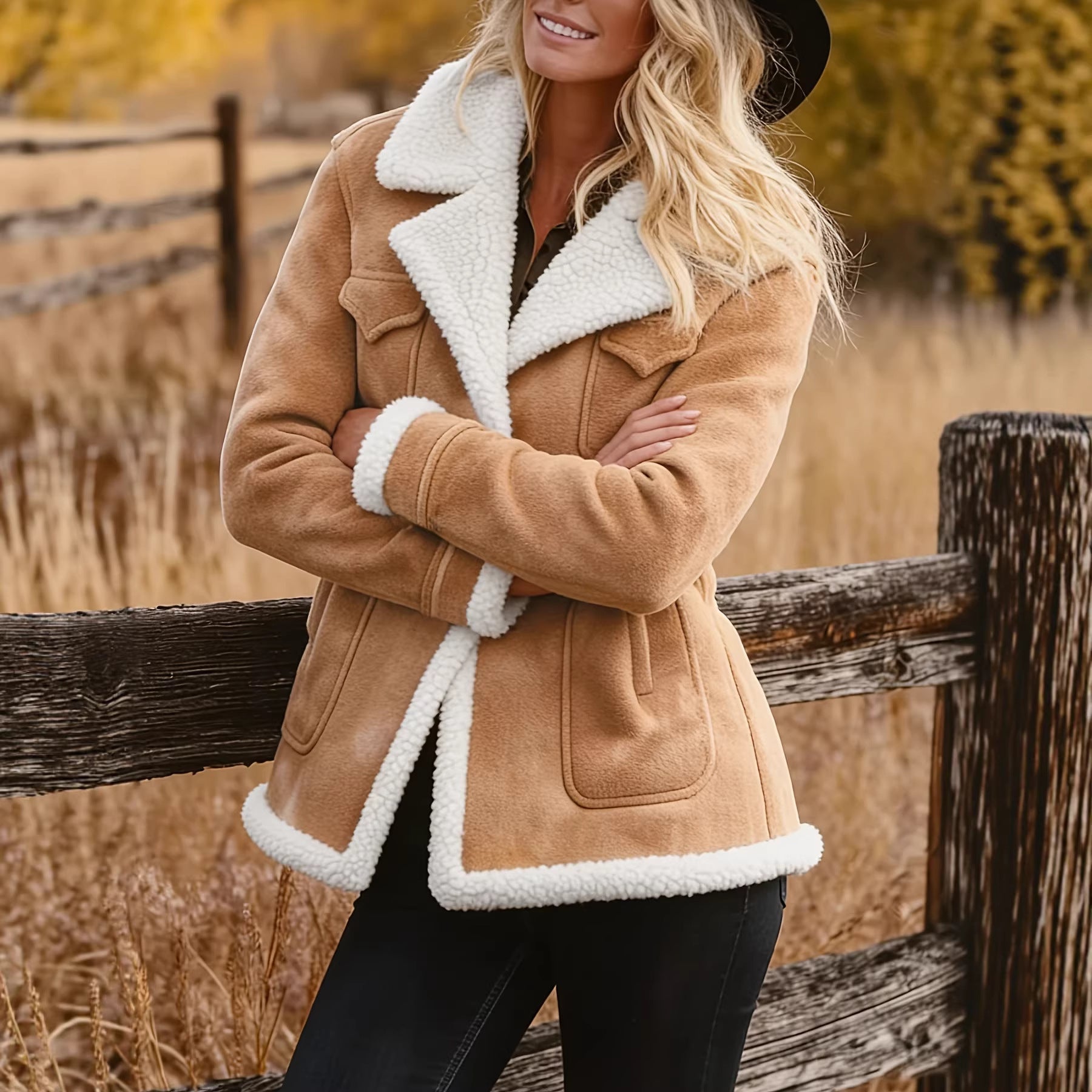Women's Retro Pocket Lapel Button Jacket Fur Coat