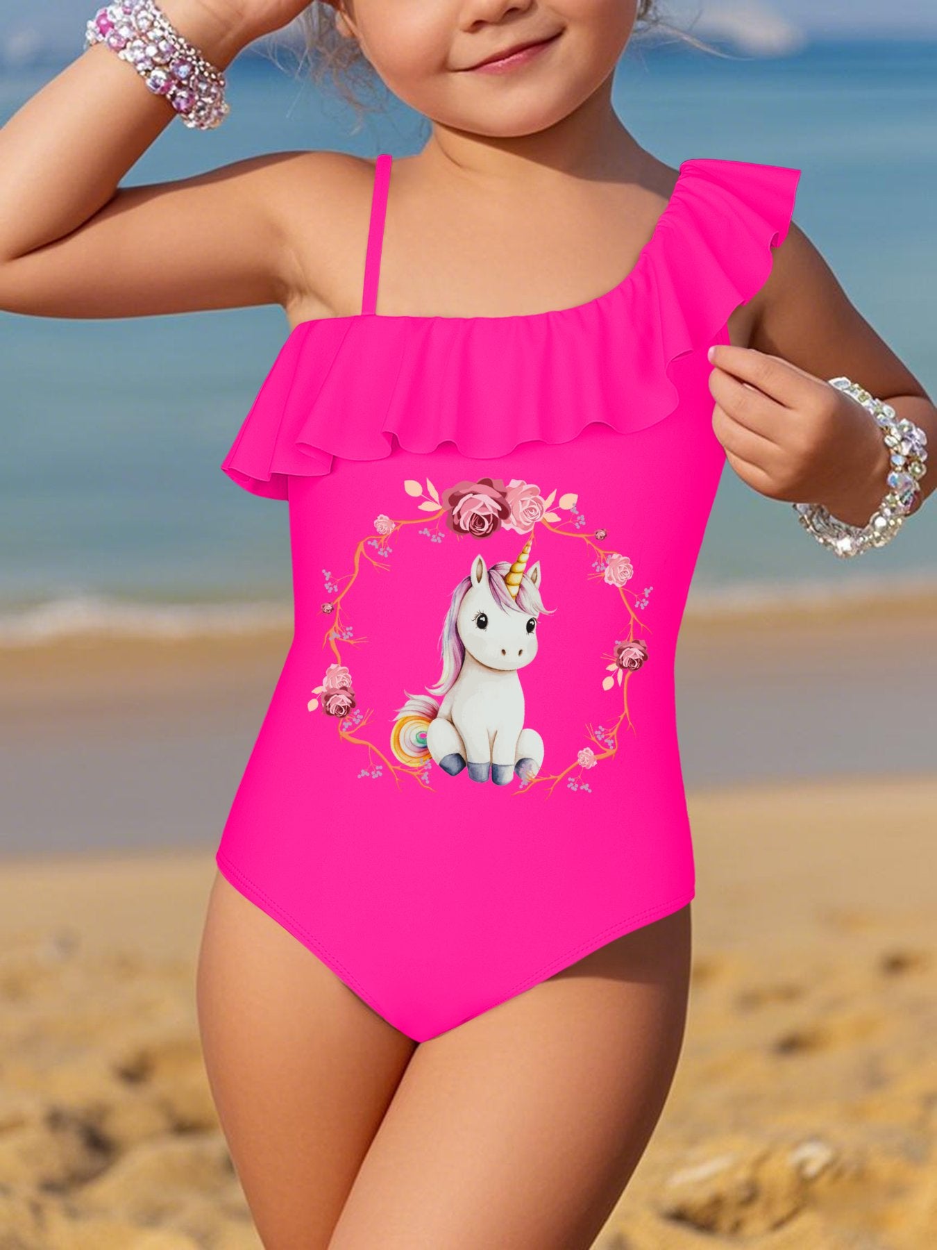 Baby Unicorn with Pink Roses Girls' Ruffled One-Piece Swimsuit (Front Printing)