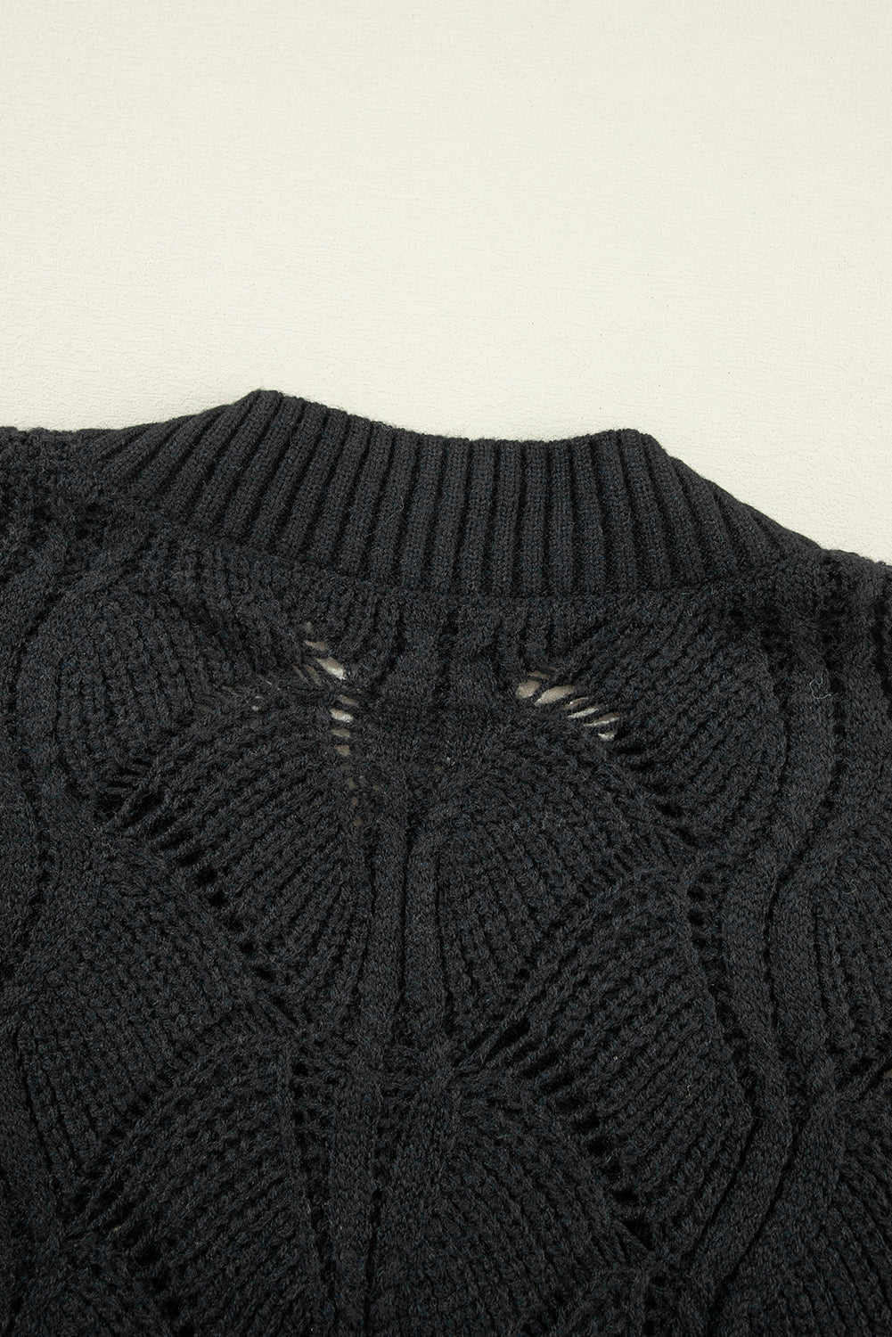 Black Hollow Out Knit V-neck Drop Shoulder Sweater