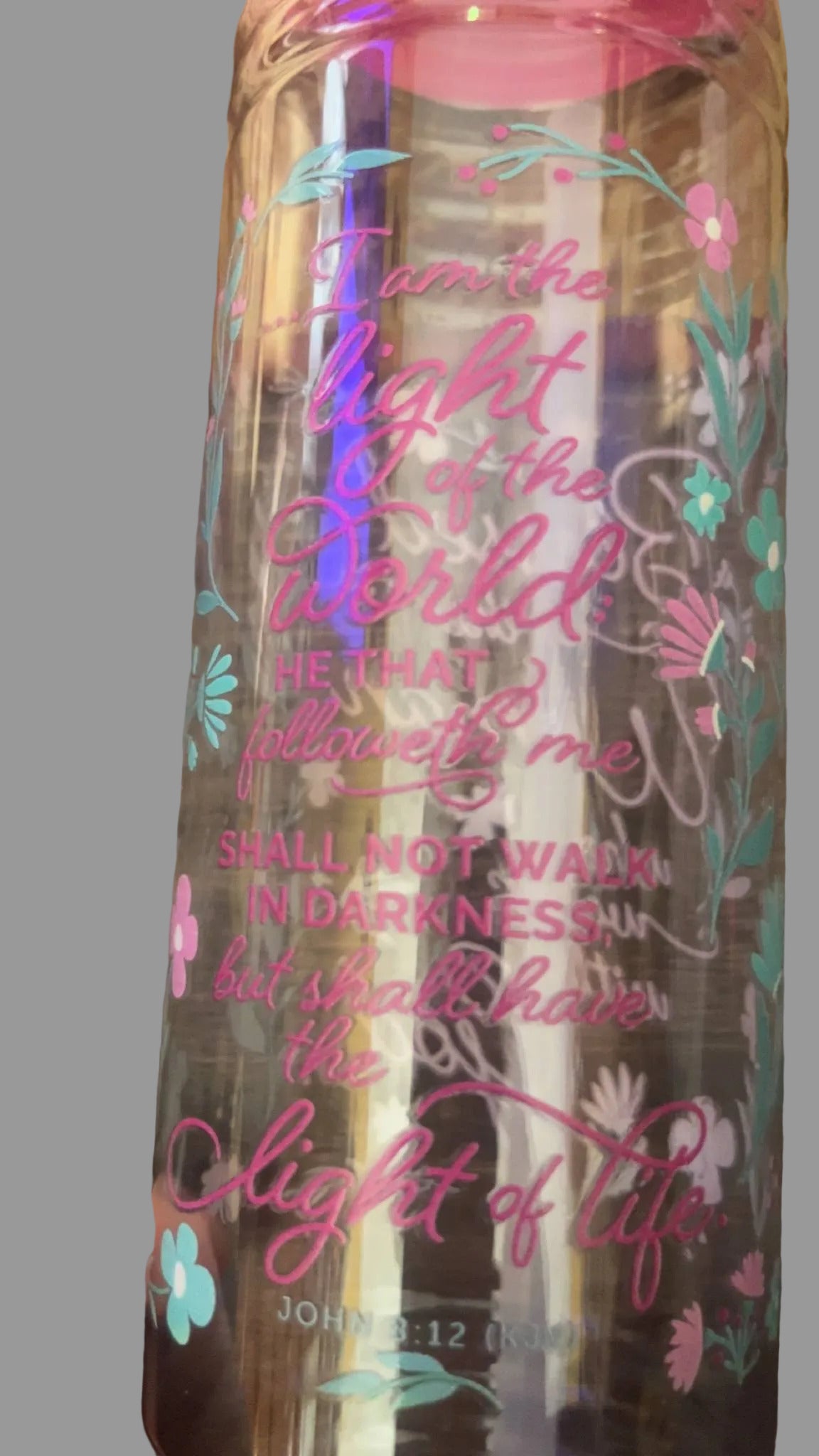 Pink Clear Scripture Plastic Water Bottle