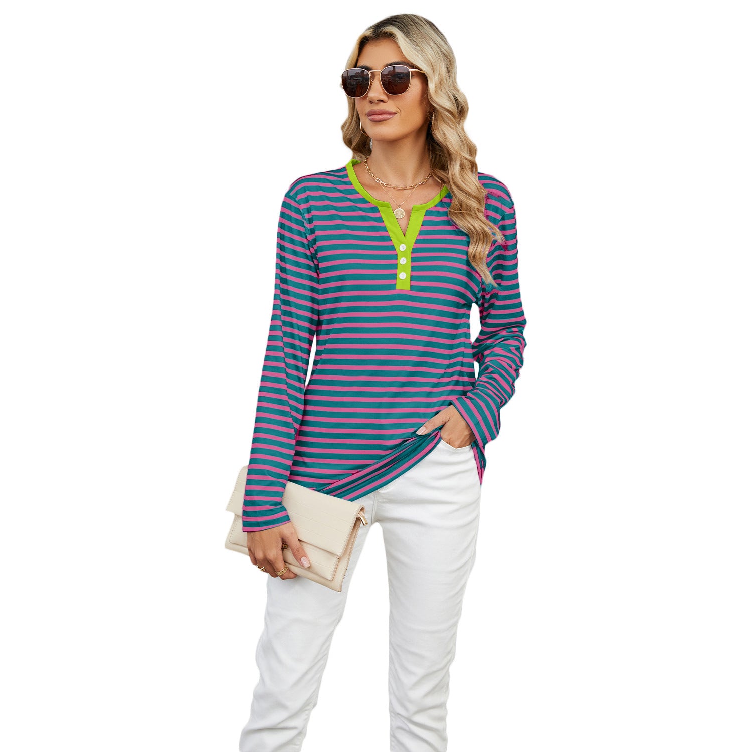 Women's V-neck Striped Loose Long-sleeved T-shirt