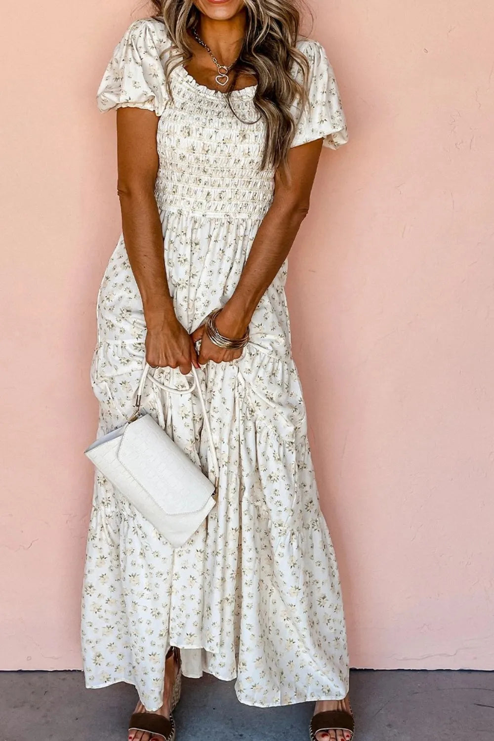 smocked maxi dress short sleeve Hadly Short Sleeve Smocked Maxi Dress The Printed Peach Savannah
