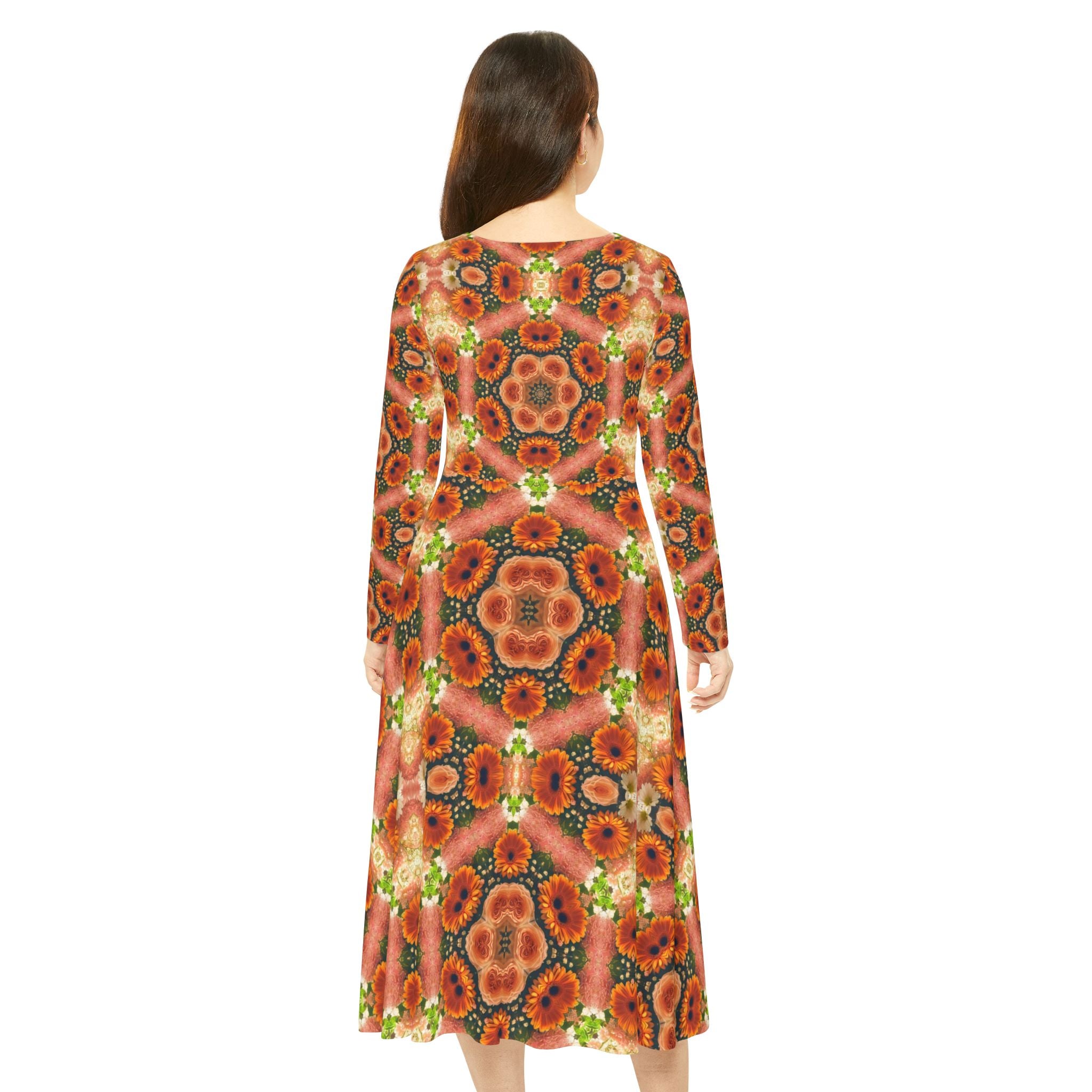 Women's Orange Floral Long Sleeve Maxi Dress