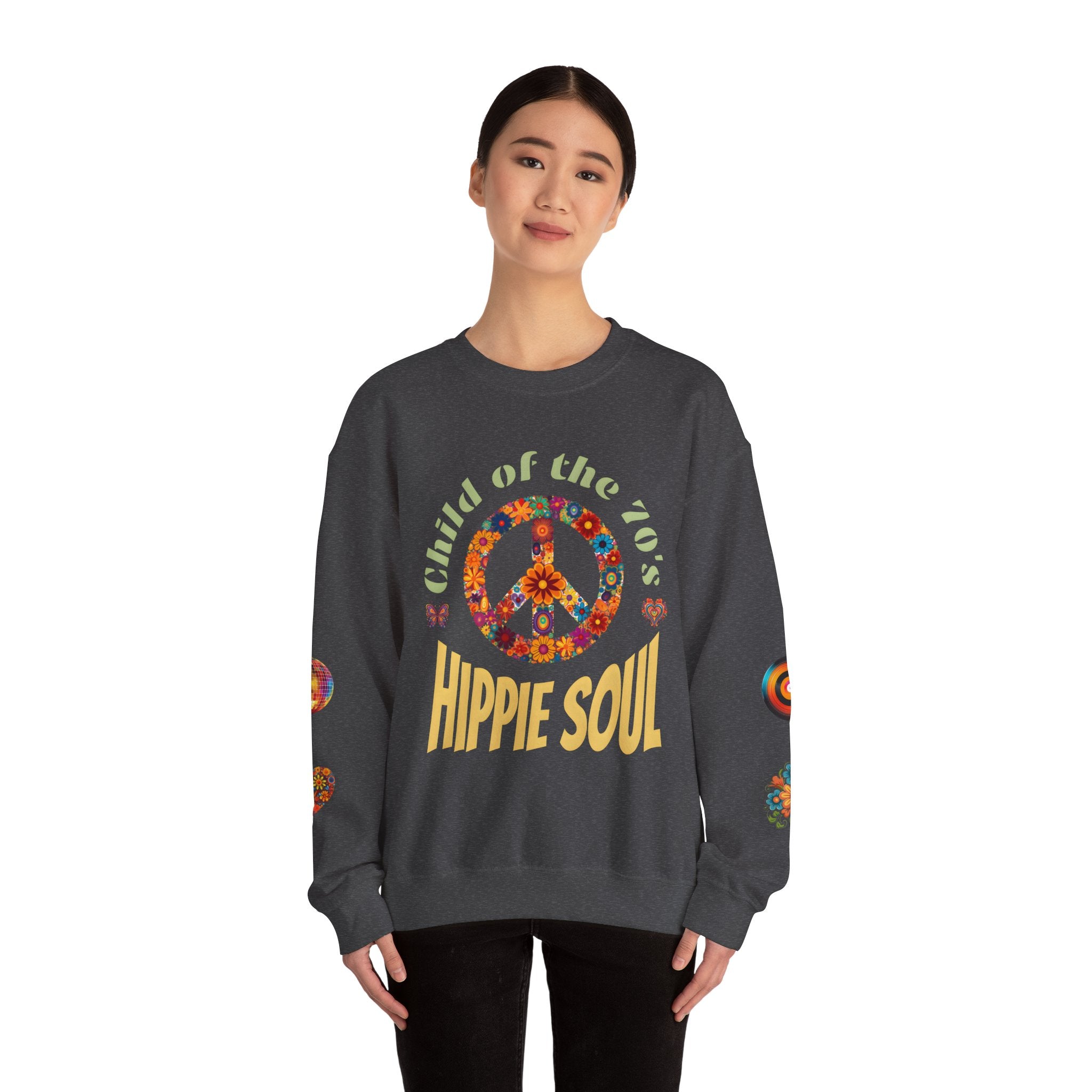 Retro Hippie Soul Crewneck Sweatshirt, Vintage 70s Fashion, Peace Sign Design, Gift for 1970's Lovers, Unisex Apparel, Cozy Sweatshirt