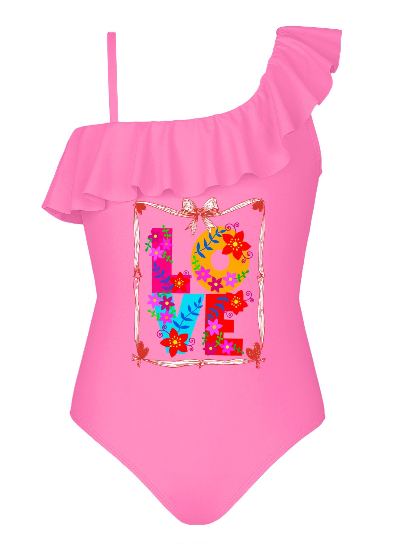 Girl's Floral LOVE Ruffled One-Piece Swimsuit (Front Printing)