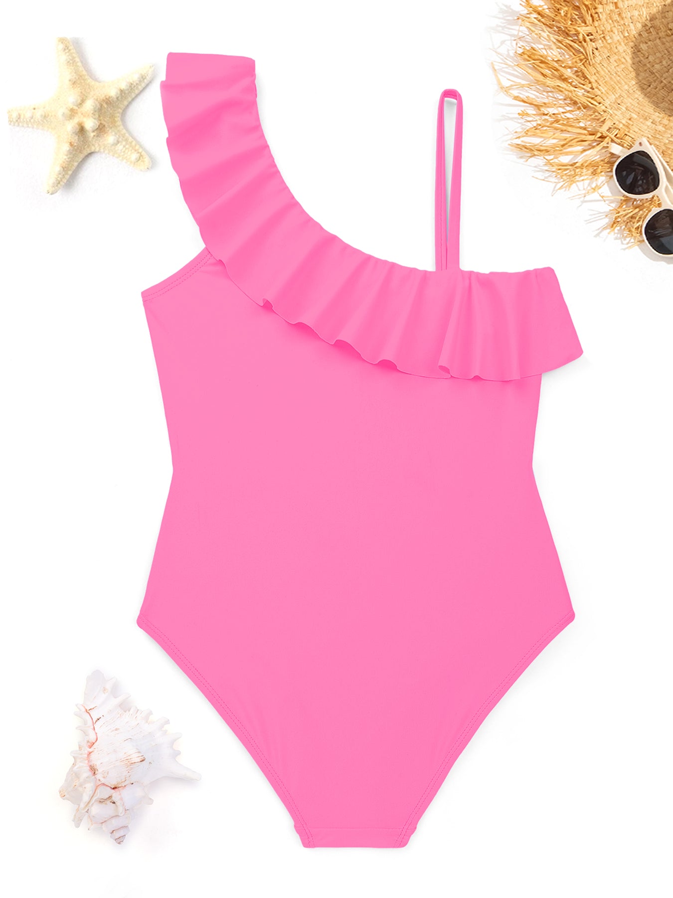 Fluffy White Kittens with Blue Eyes Girls' Ruffled One-Piece Swimsuit (Front Printing)