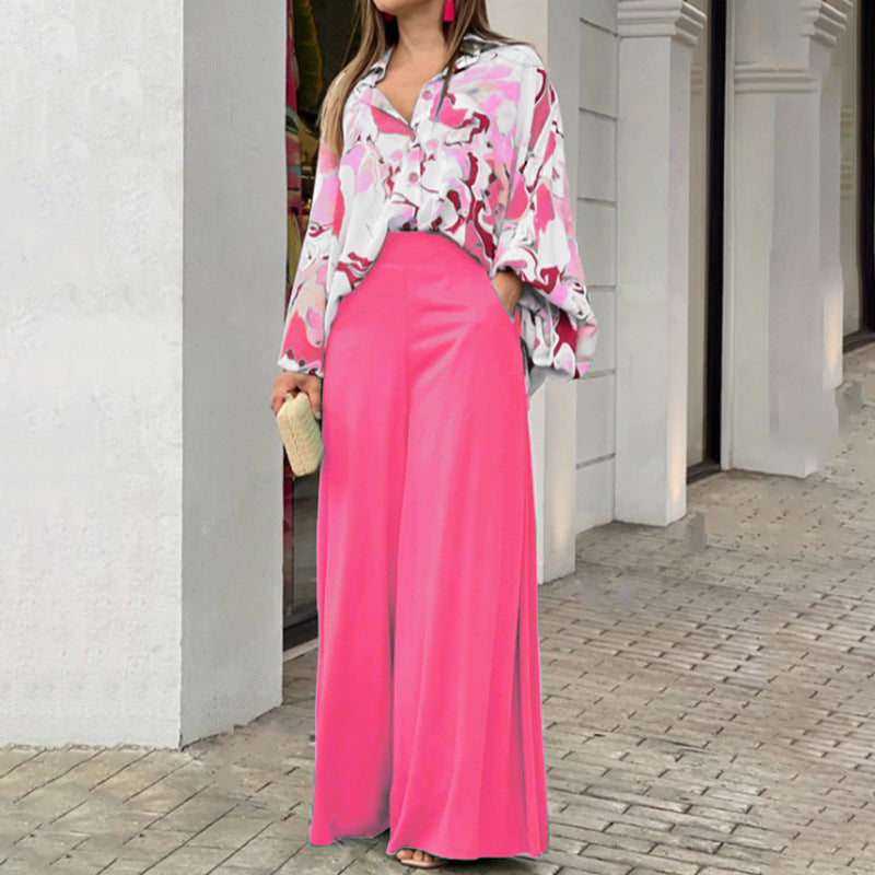 Loose And Elegant Casual Printed Shirt Top Wide Leg Pants Fashion Suit