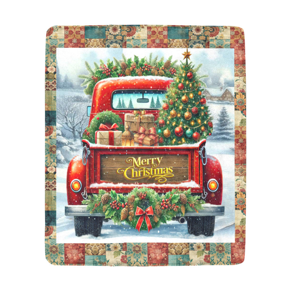 Christmas Vintage Truck Faux Patchwork Quilt Micro Fleece Blanket (Made in USA)