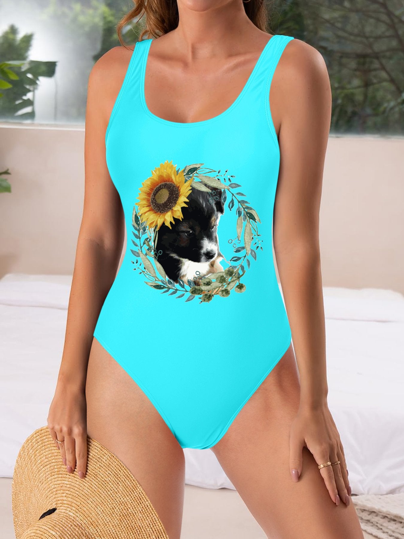 Cute Black Puppy One-Piece Swimsuit for Women (Front Printing)
