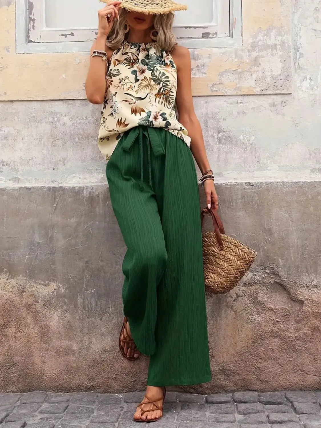 Women's Printed Tank Top and Wide Leg Pants Set Outfit
