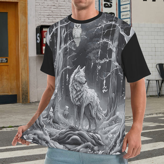 Wolf in Moonlit Forest Men's All Over Print Ribbed Collar T-Shirt (Model T94)