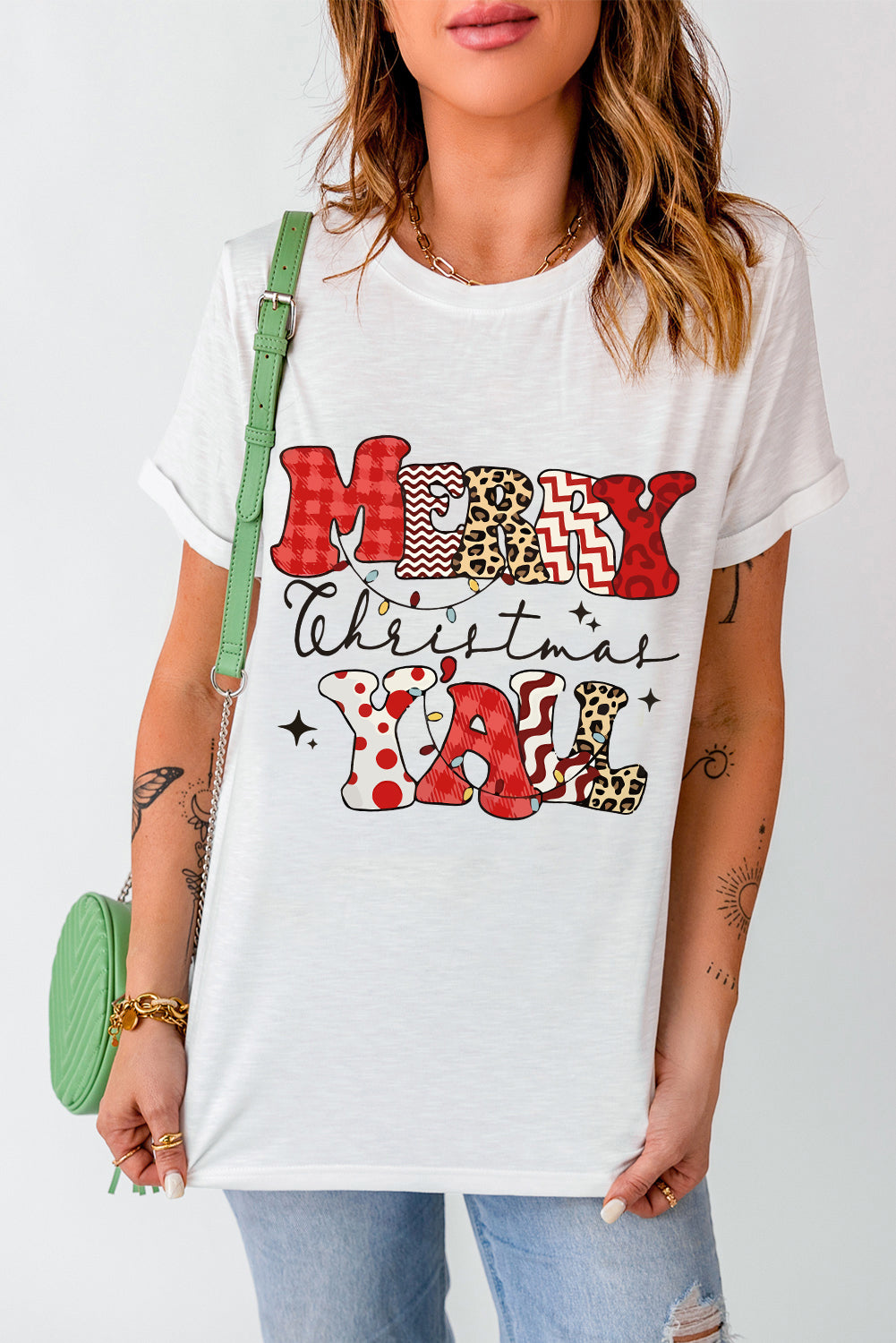 White MERRY Christmas Y'all Graphic Crewneck T Shirt