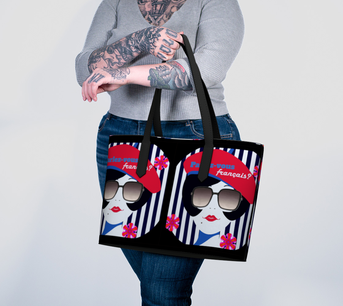 French Girl in Red Beret Printed Vegan Leather Tote Bag