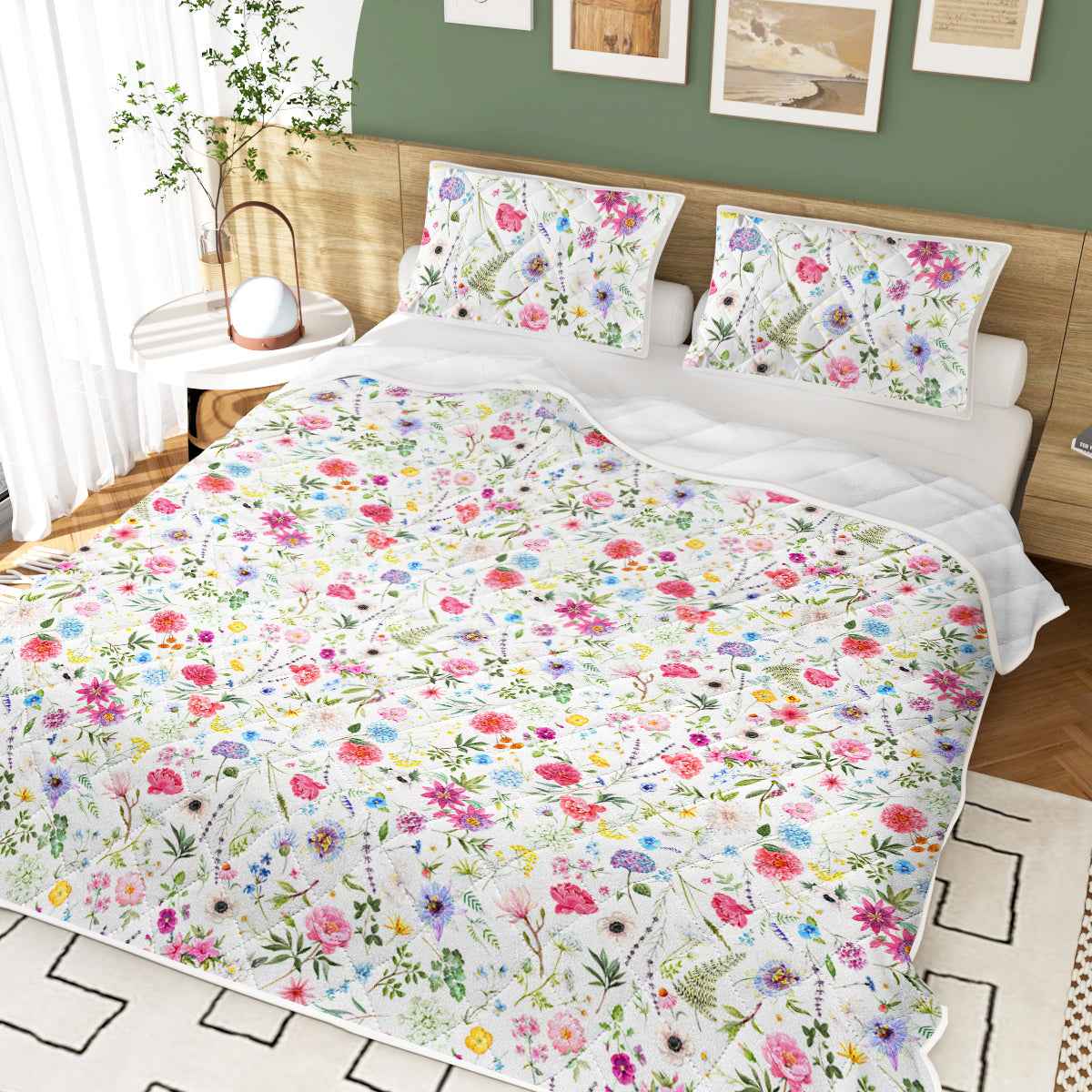 Red Floral Microfiber Quilt Comforter Bedding Set - 3 piece set