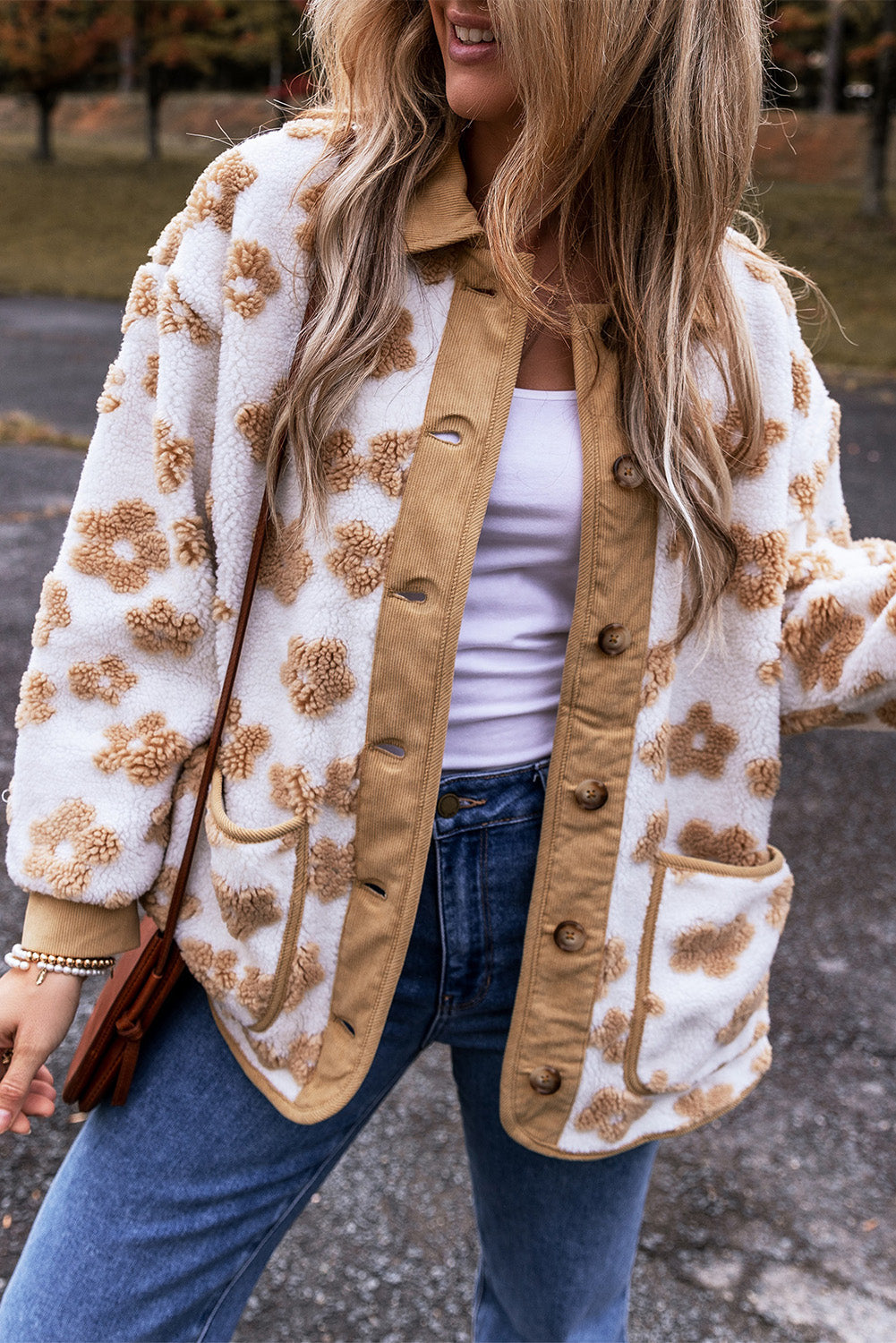 Beige Floral Button-Up Fleece Pocketed Jacket