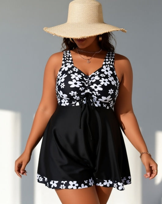 Women's Plus Size Black Floral One-piece Swim Dress
