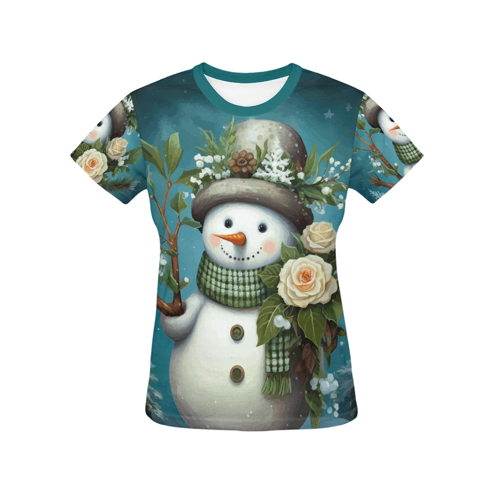 Women's Teal Snowman Printed T-shirt (Made in USA)