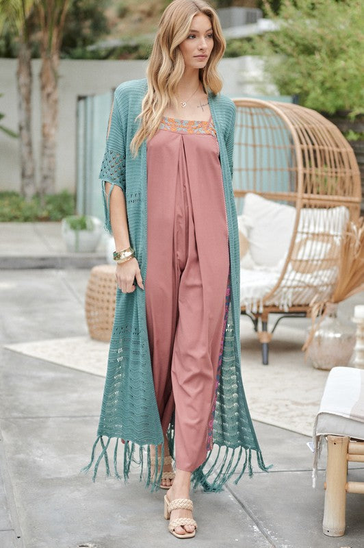 Women's Solid Long Cardigan with Fringe