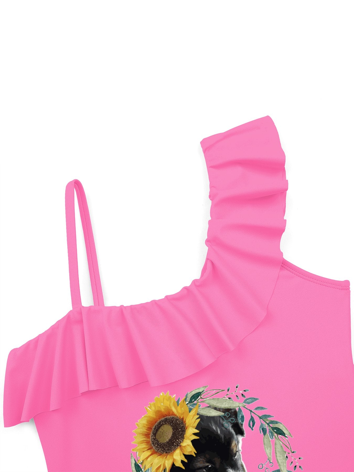 Cute Black Puppy Girls' Ruffled One-Piece Swimsuit (Front Printing)