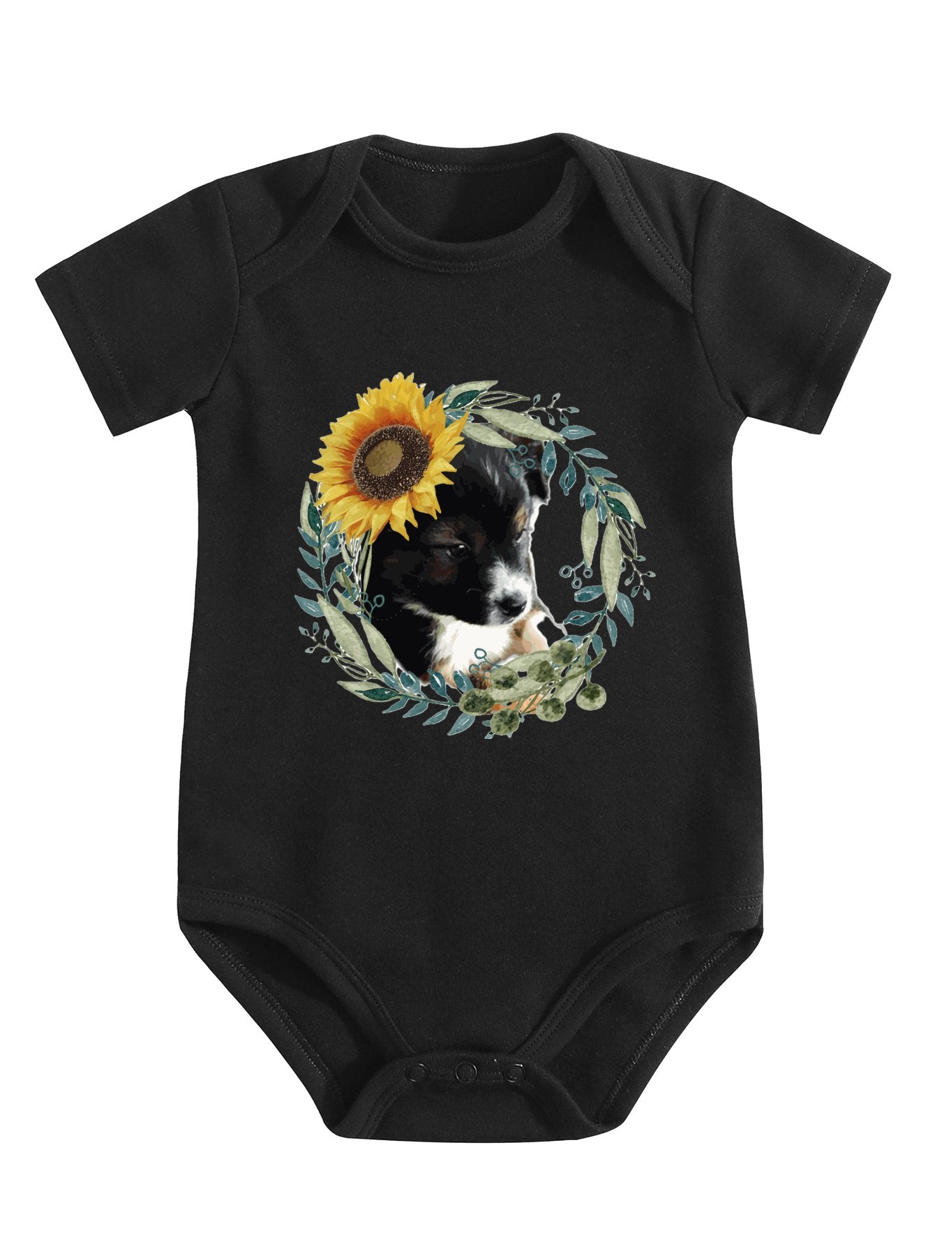 Cute Black Puppy Unisex Cotton Short Sleeve Baby Romper