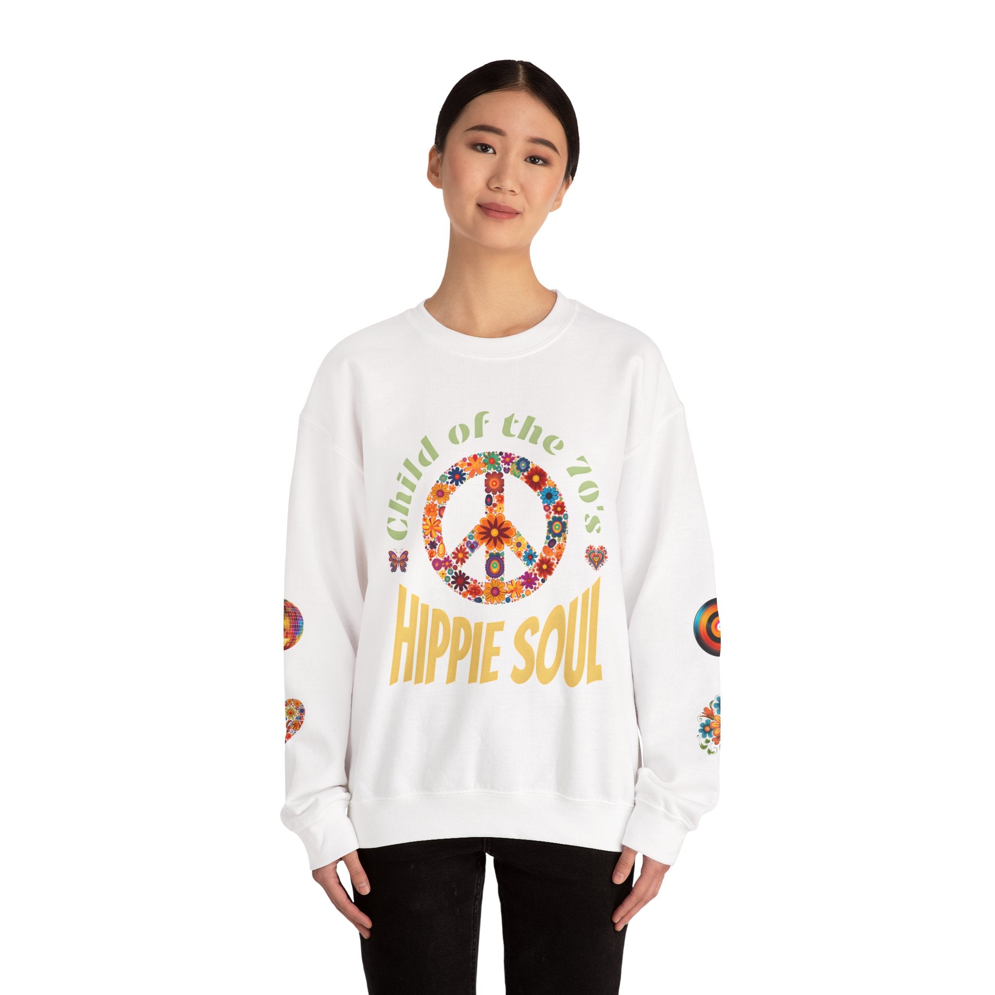 Retro Hippie Soul Crewneck Sweatshirt, Vintage 70s Fashion, Peace Sign Design, Gift for 1970's Lovers, Unisex Apparel, Cozy Sweatshirt
