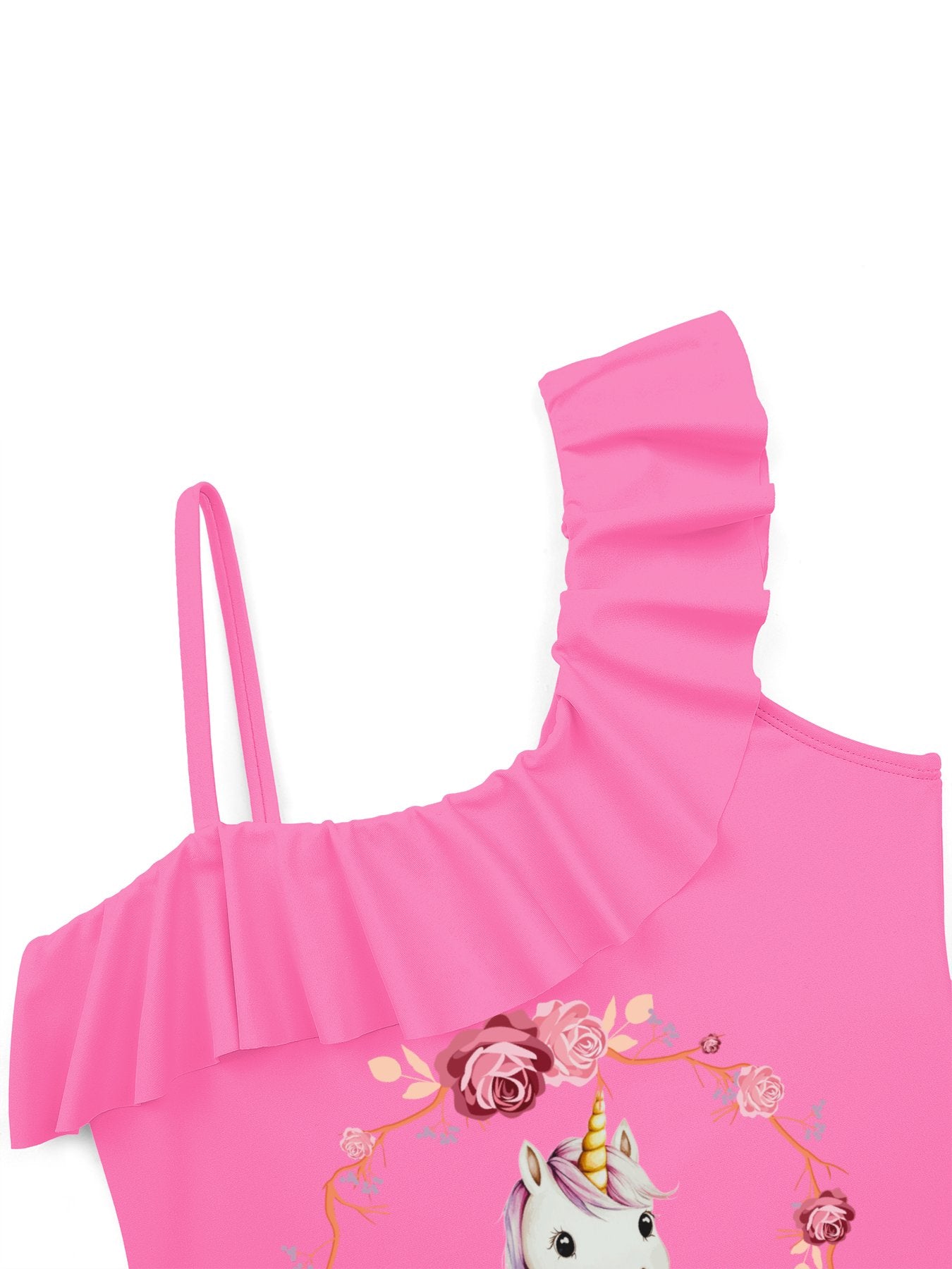 Baby Unicorn with Pink Roses Girls' Ruffled One-Piece Swimsuit (Front Printing)