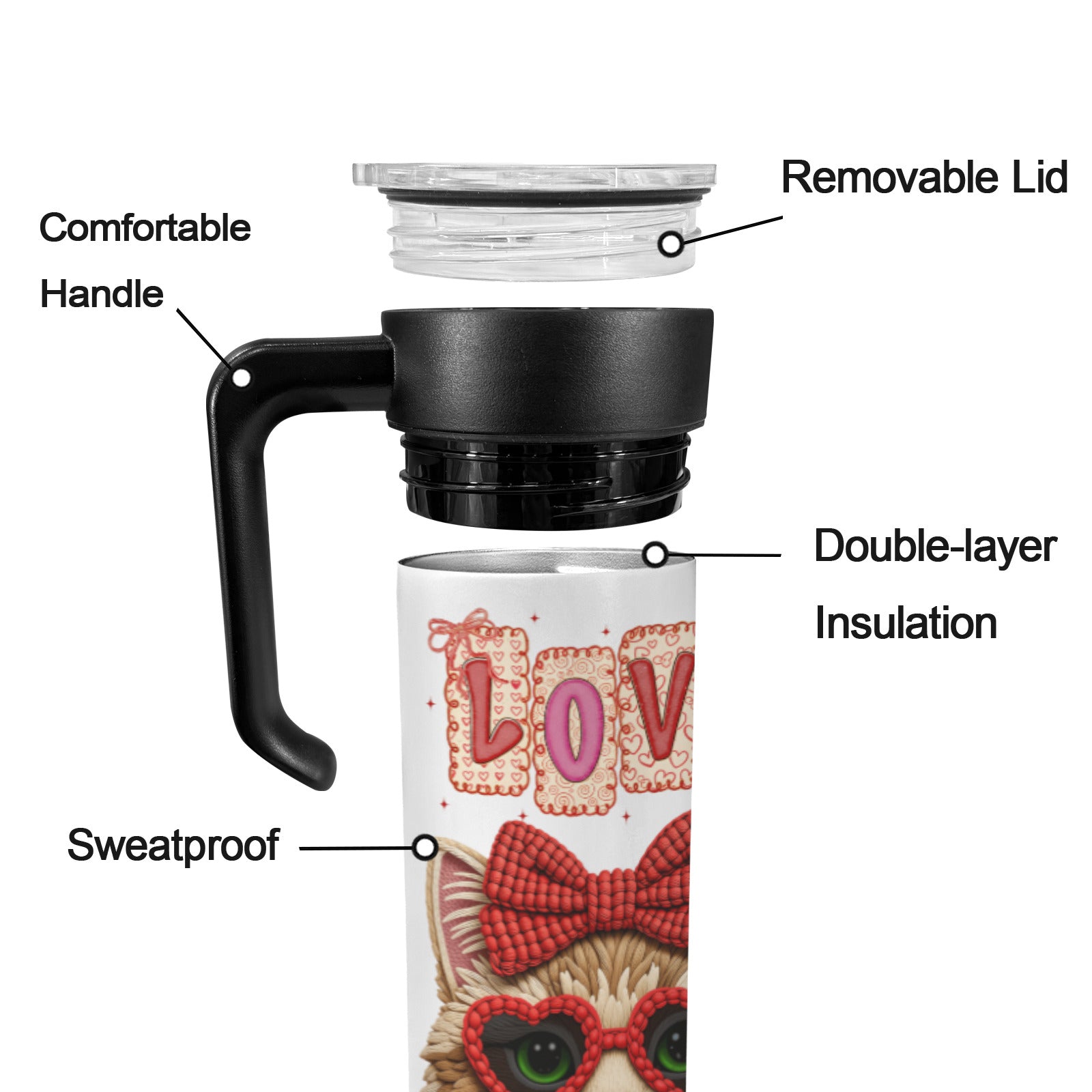 Yarn Cool Cat with Love Insulated Water Bottle with Handle | Ships from USA