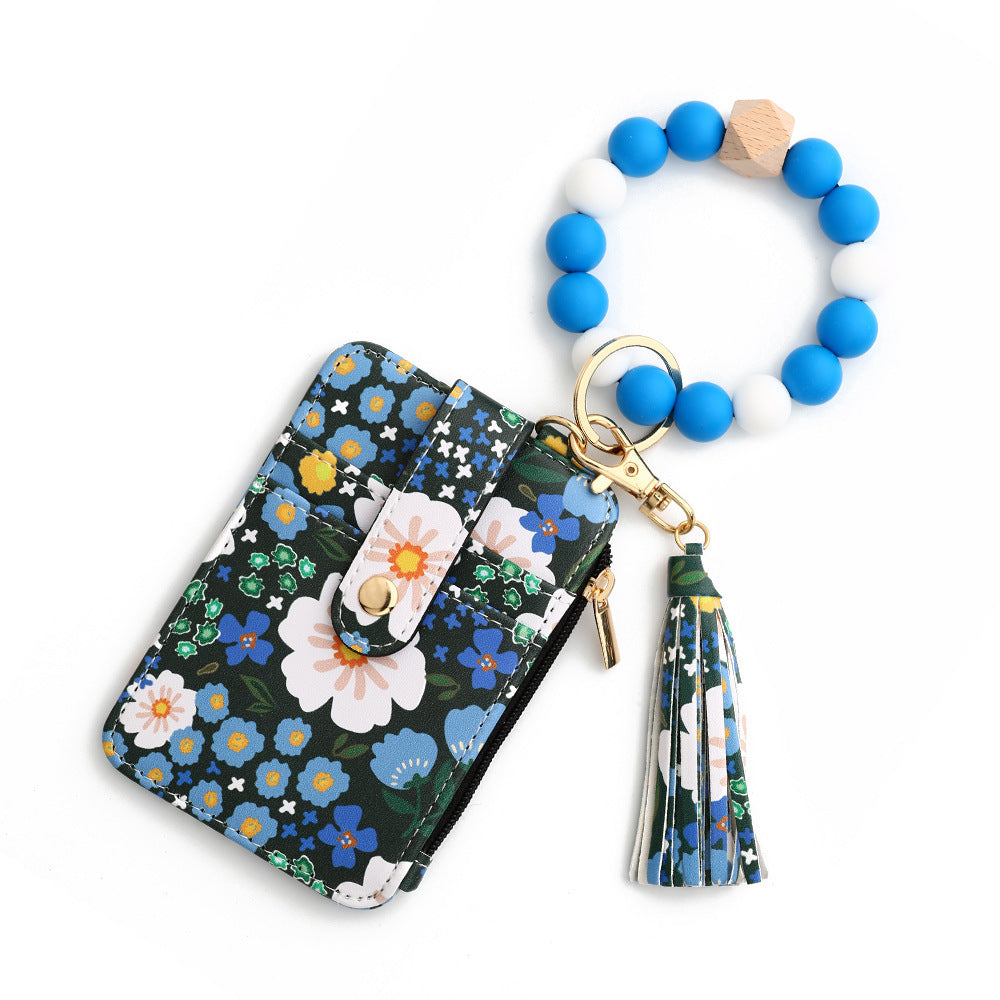 Women's Floral Print Leather Card Wallet and Keychain