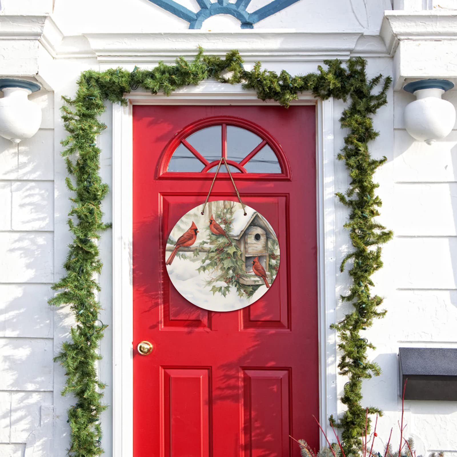 Red Birds in Snow Round Wooden Door Sign 11.8'' (Made in USA)