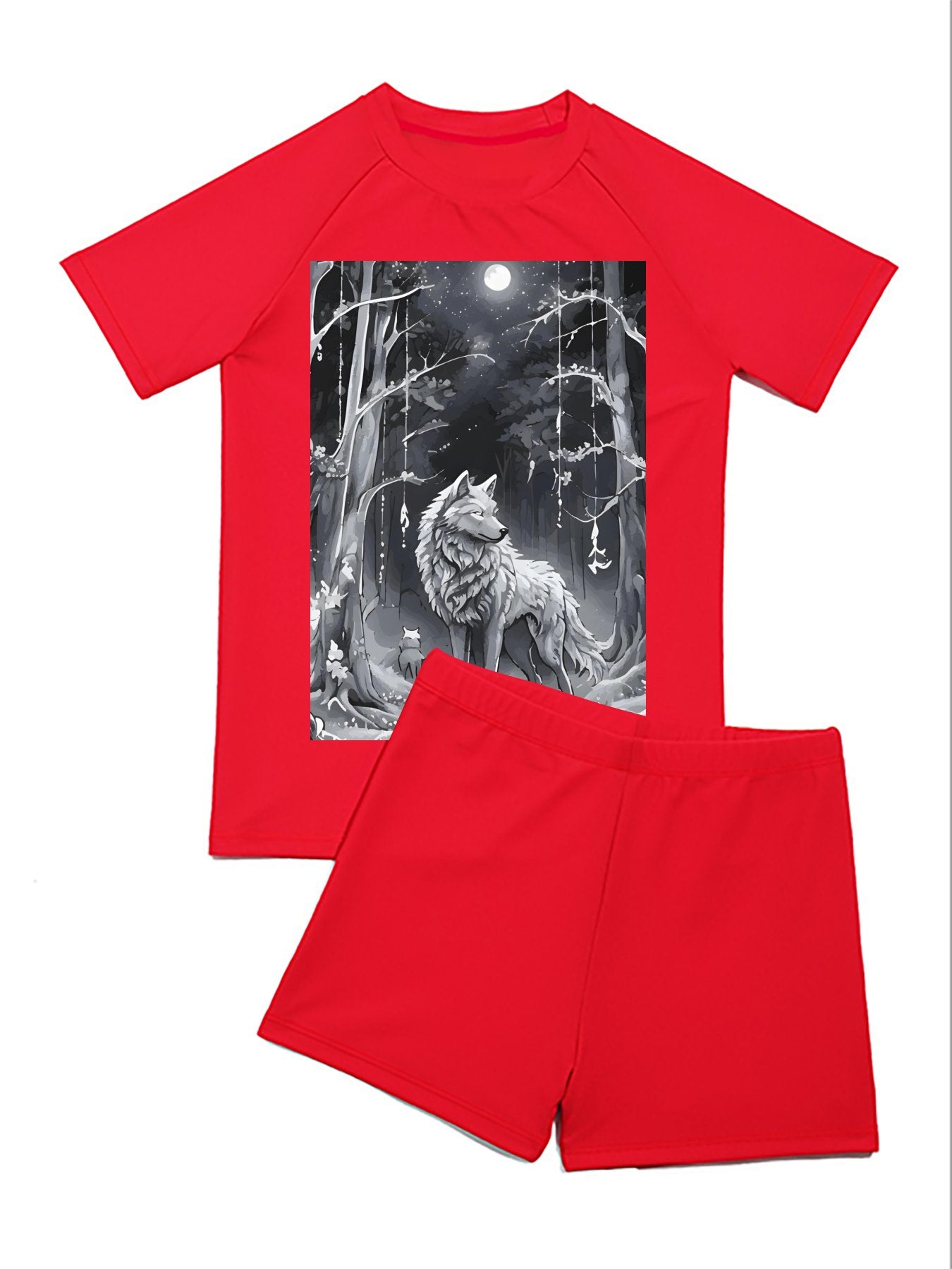 Ethereal Wolf in the Moonlight Short Sleeve 2-piece Swimsuit for Children (Front Printing)