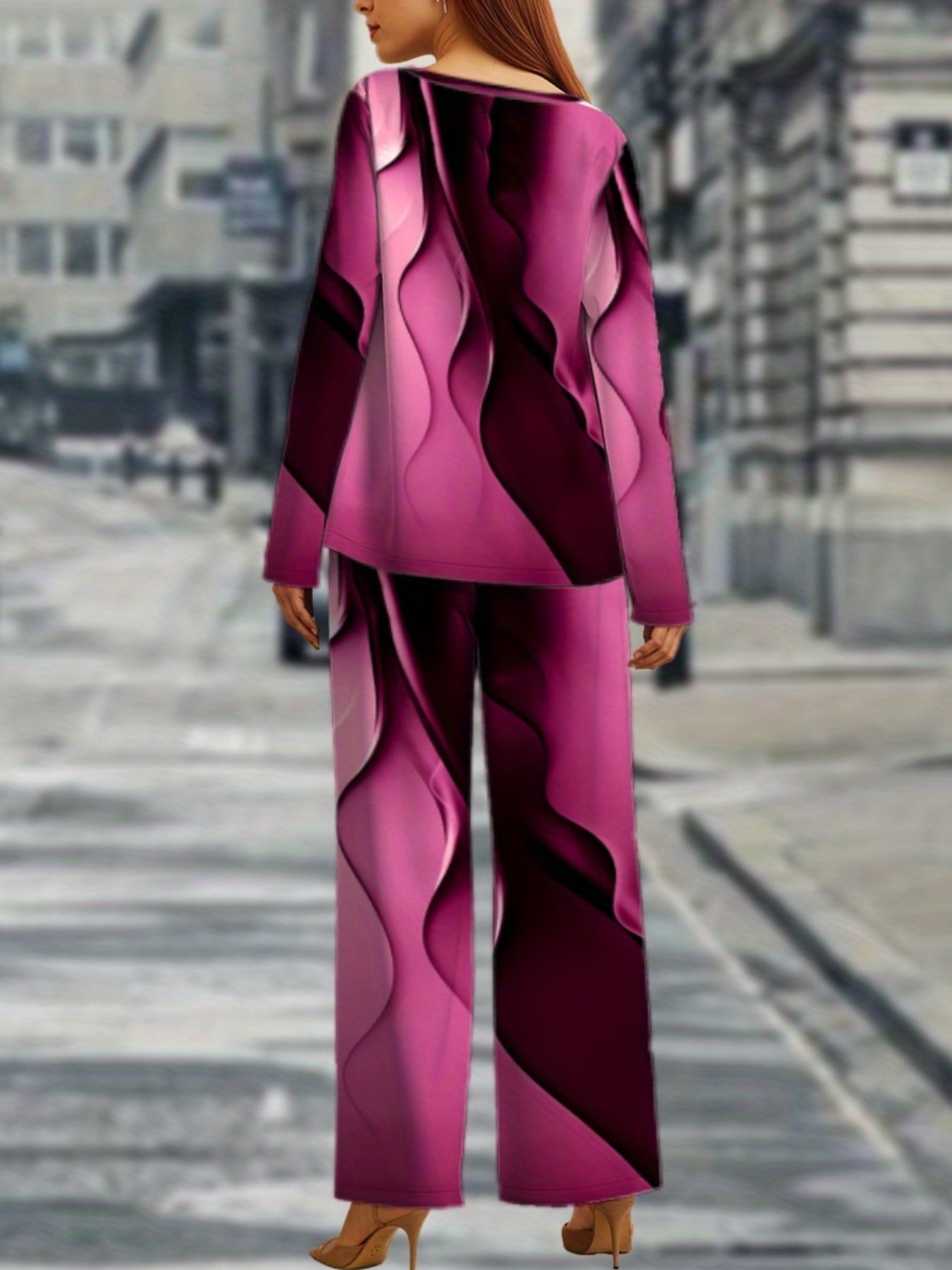 Vibrant  Geometric Plus Size Long Sleeve Top  Pants Set