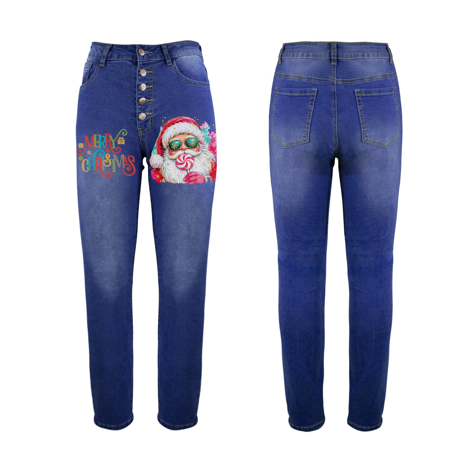 Merry Christmas Santa with Sucker Women's Jeans (Front Printing) (Model L75)