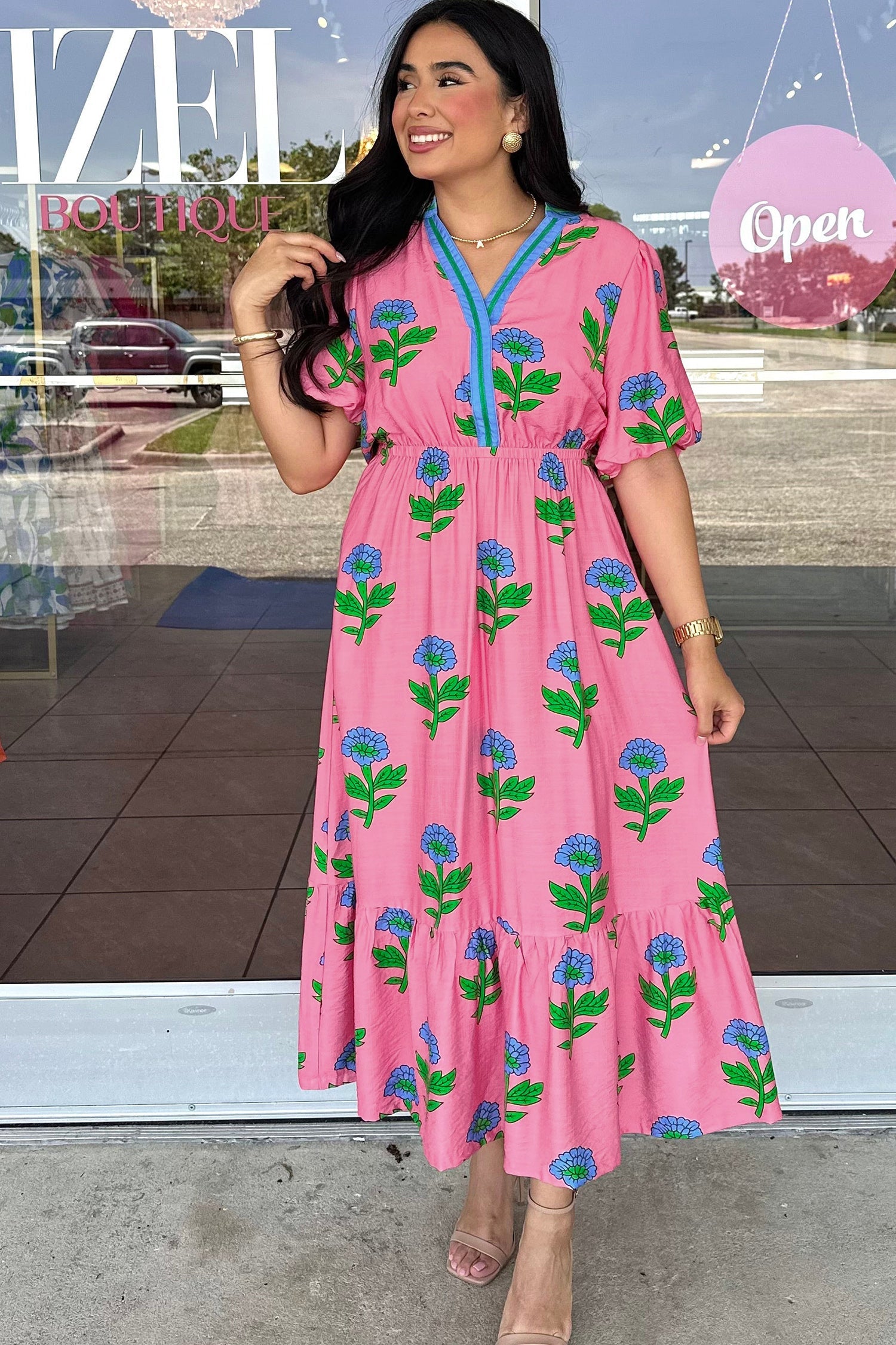 Plus Size Floral Stripe V-Neck Ruffle Maxi Dress