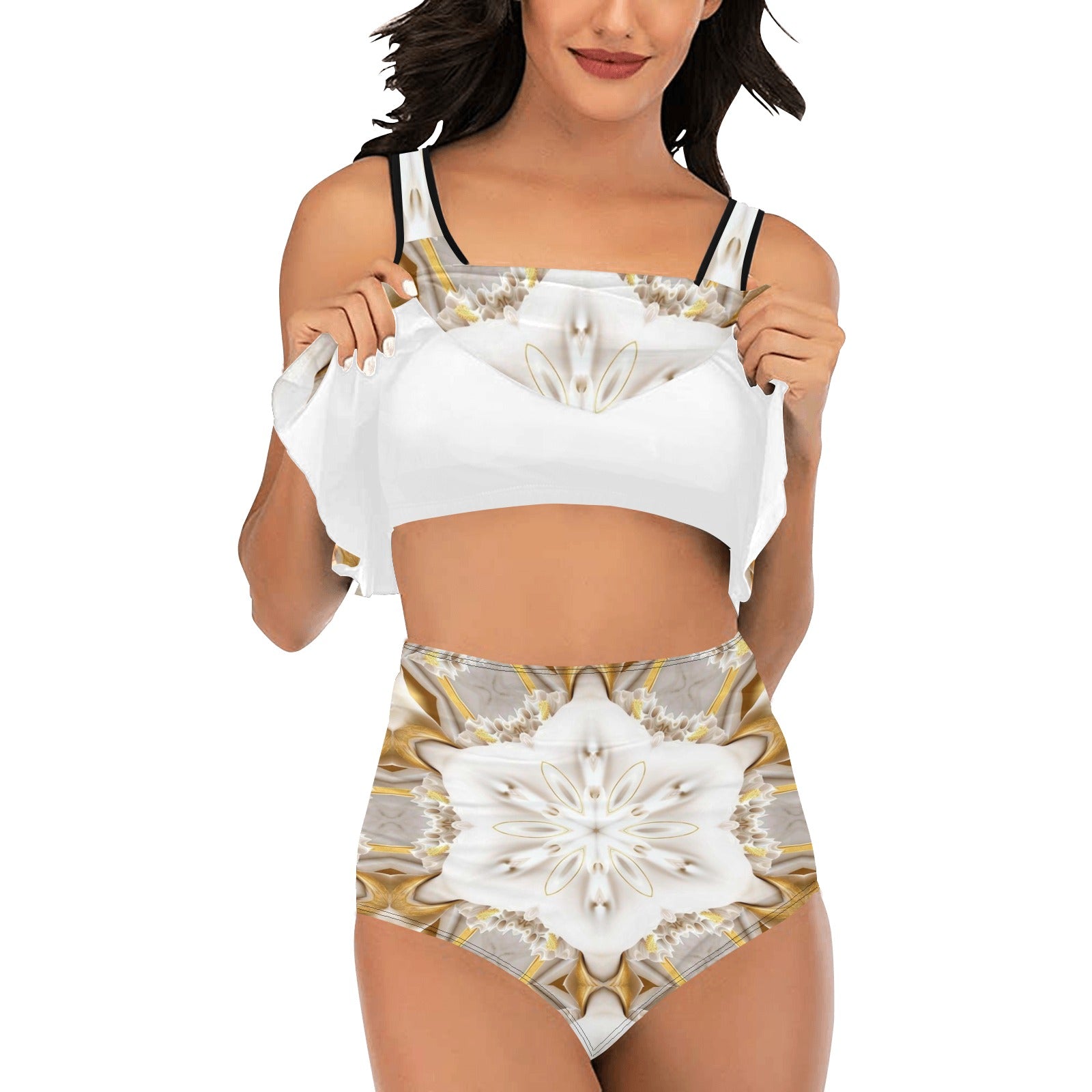 White Flowers with Gold Trim Ruffle Flounce 2-piece Swimsuit
