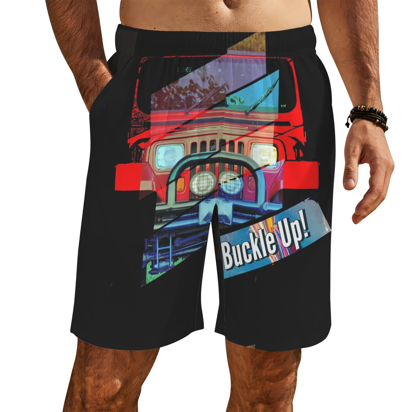 Black shorts with a colorful graphic of a suv and 'Buckle Up!' text on a white background